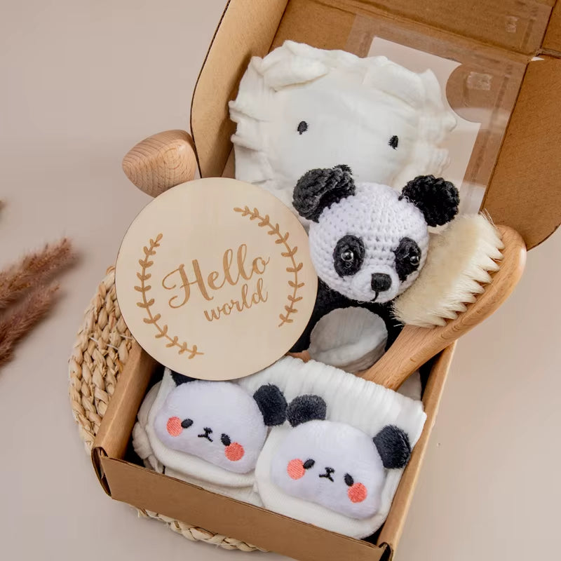 Baby Double Sided Cotton Blanket 7PCS Newborn Bath Set Gift Box Wooden Crochet Rattle Brushs Bracelet Towel for Baby Shower Gift