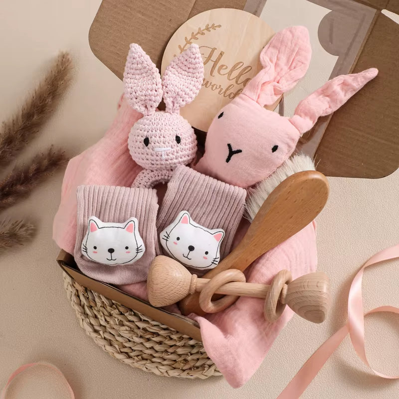 Baby Double Sided Cotton Blanket 7PCS Newborn Bath Set Gift Box Wooden Crochet Rattle Brushs Bracelet Towel for Baby Shower Gift